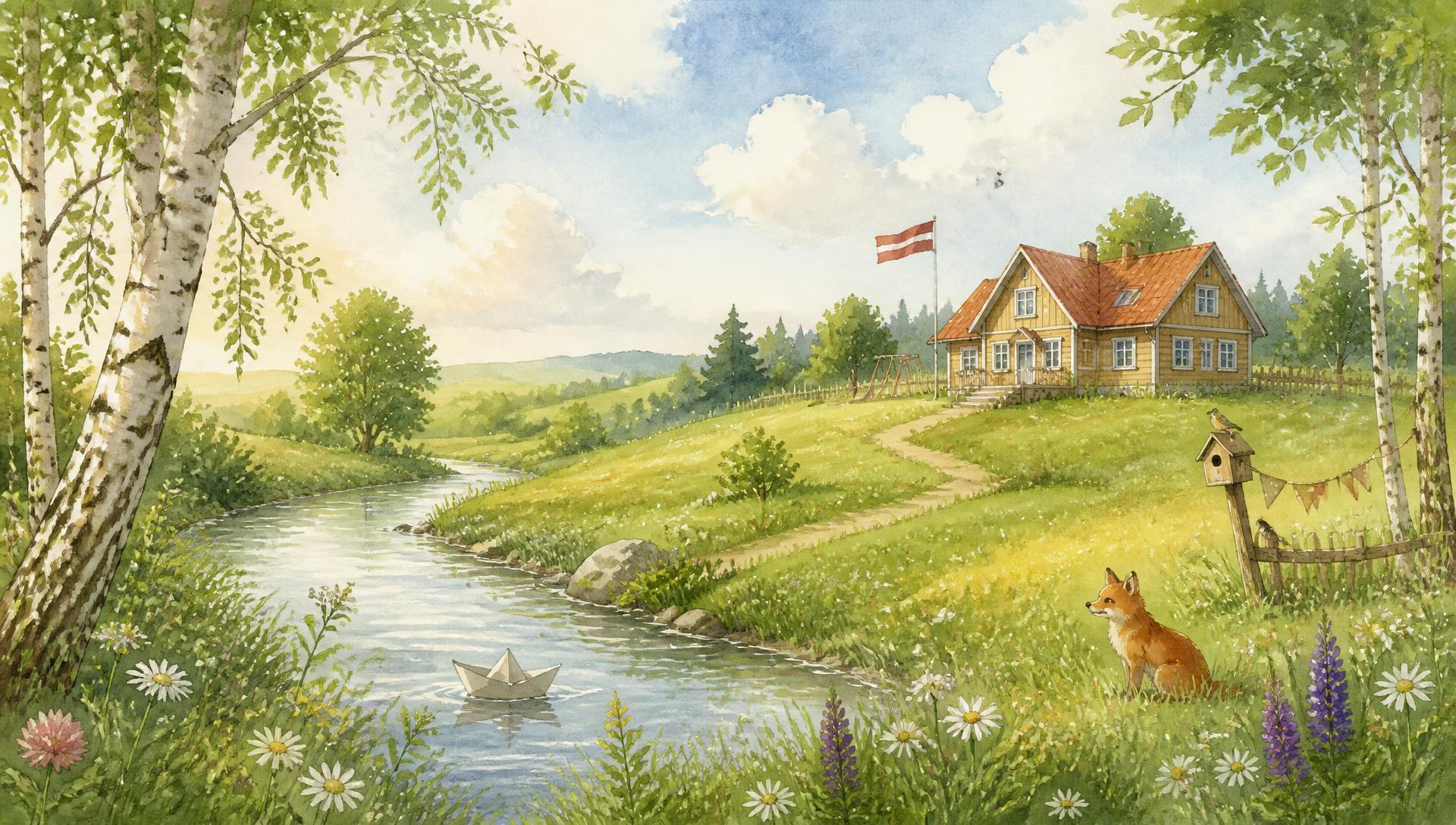 Akvareļa ilustrācija ar Praulienas lauku ainavu, upi, bērzu birzi un koka bērnudārza ēku