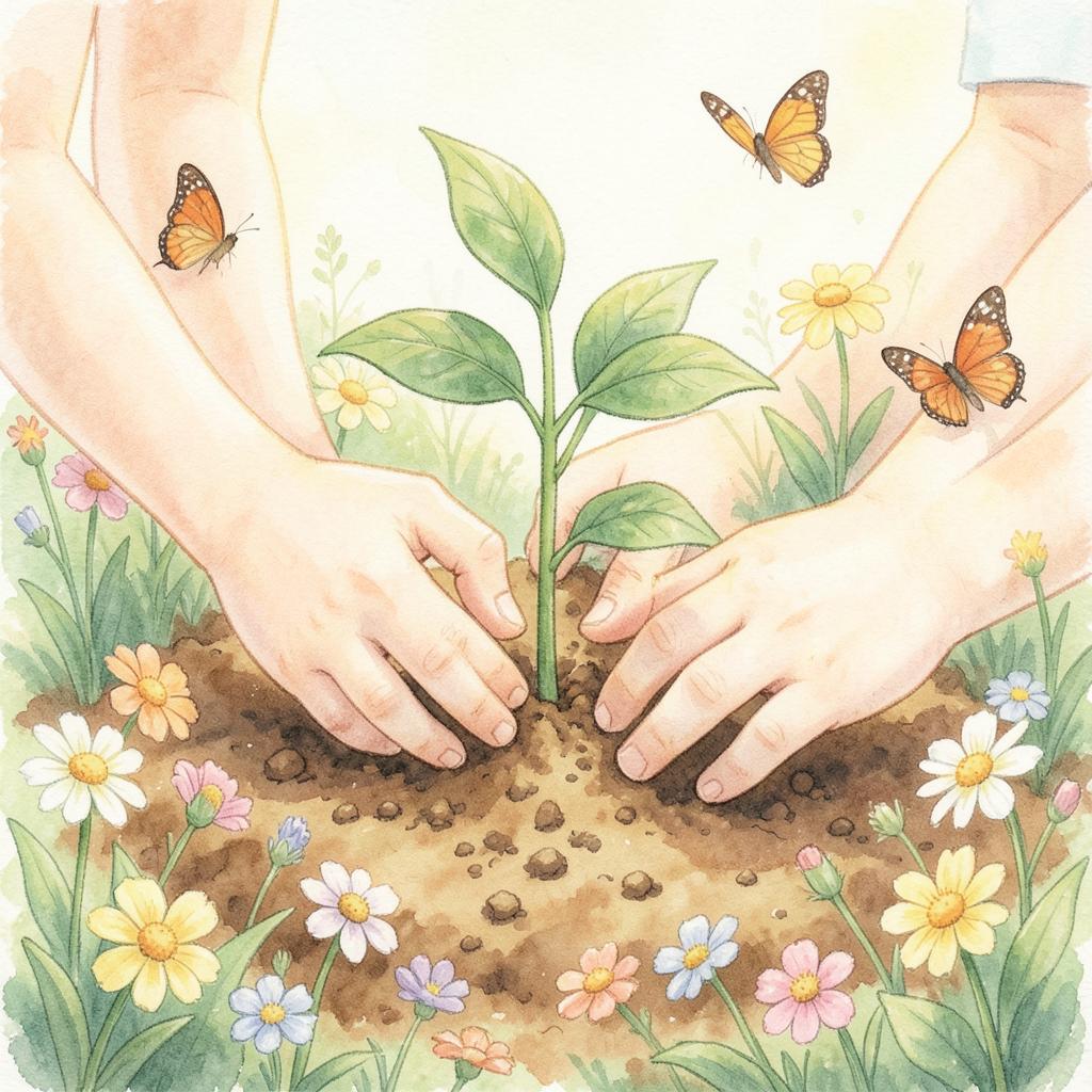 Akvareļa ilustrācija ar bērnu rokām, kas stāda dēstu puķu dobē